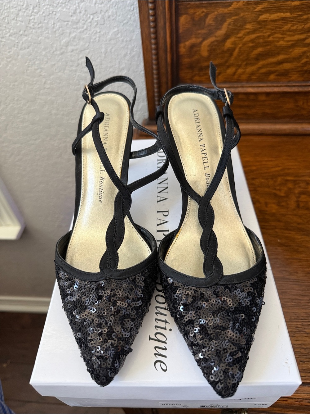 Adrianna Papell Black Sequin Pointed Toe Slingback Heels